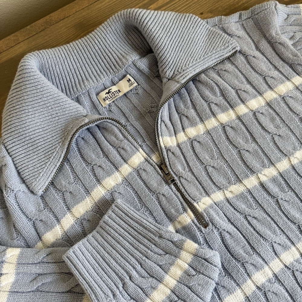 Hollister Womens Medium Blue White Stripe 1/4 Zip Cable Knit Long Sleeve Sweater
